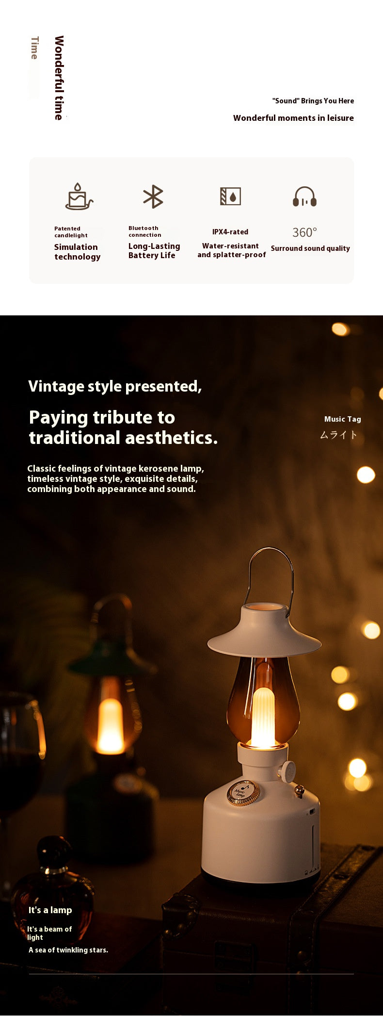Retro Lantern Wireless Charger with Bluetooth Speaker Fast Charging Alarm Clock and Ambient Night Light