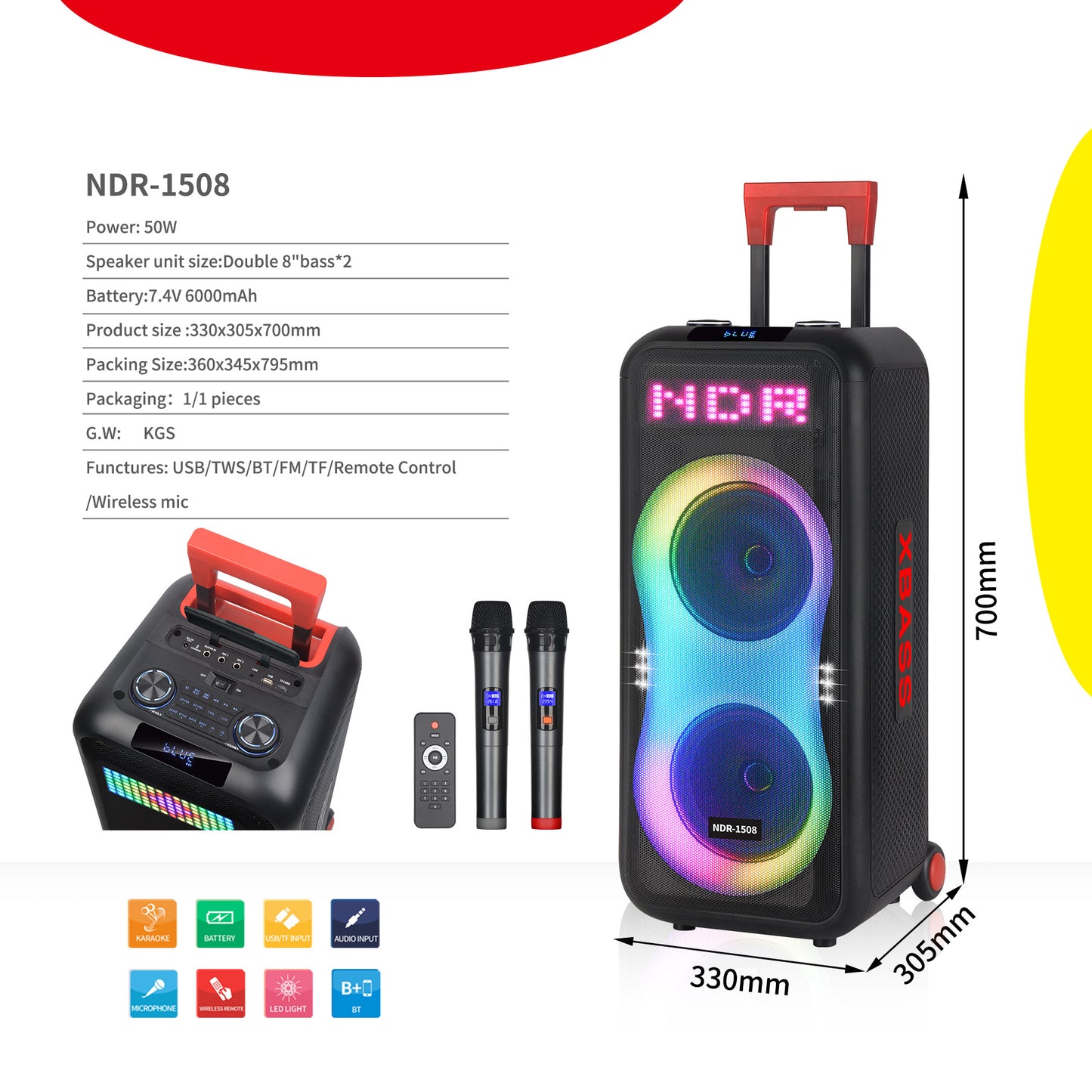 Portable More Than 5000mAh Rechargeable Subwoofer Amp with Wireless Mic - Bluetooth 5.1, AUX/TF/USB for Outdoor Party & KTV