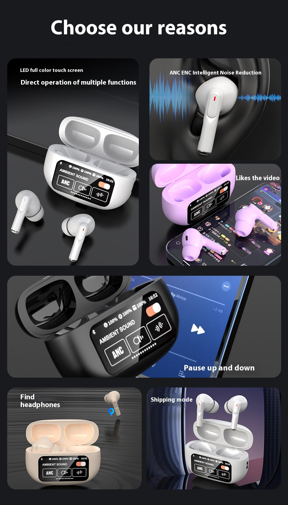 Touchscreen Wireless Earbuds with ANC Bluetooth 5.4 Adjustable EQ Noise Cancelling Earphones for Sports Gaming Music