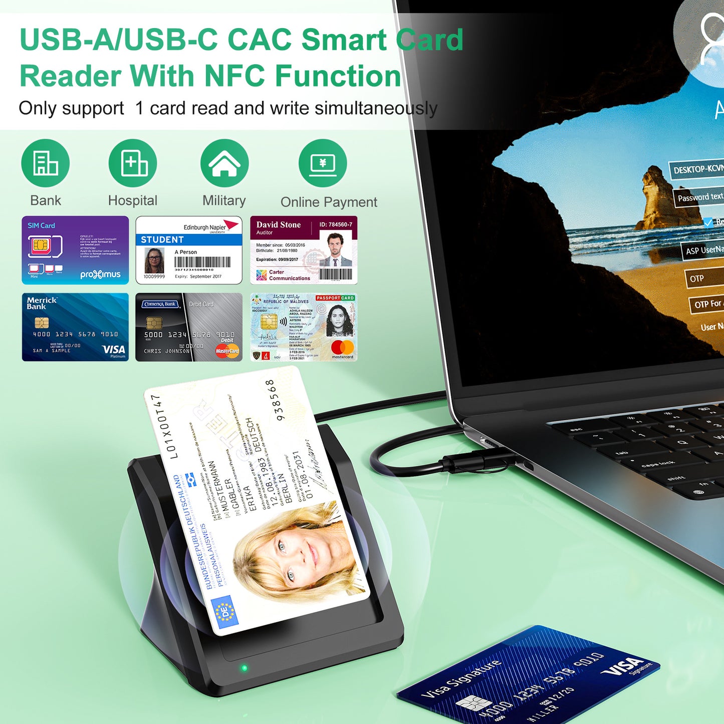 CR393 ISO7816 + ISO14443 intelligent card reader for ID/IC/CAC bank tax filing, contact/sensor type card reader