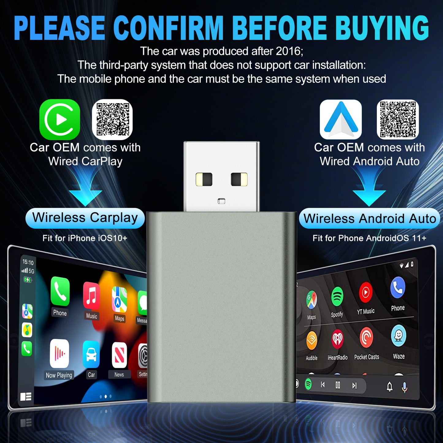 CP601 iPhone CarPlay box, Android dual-channel vehicle-mounted internet connection module, wired to wireless CarPlay adapter