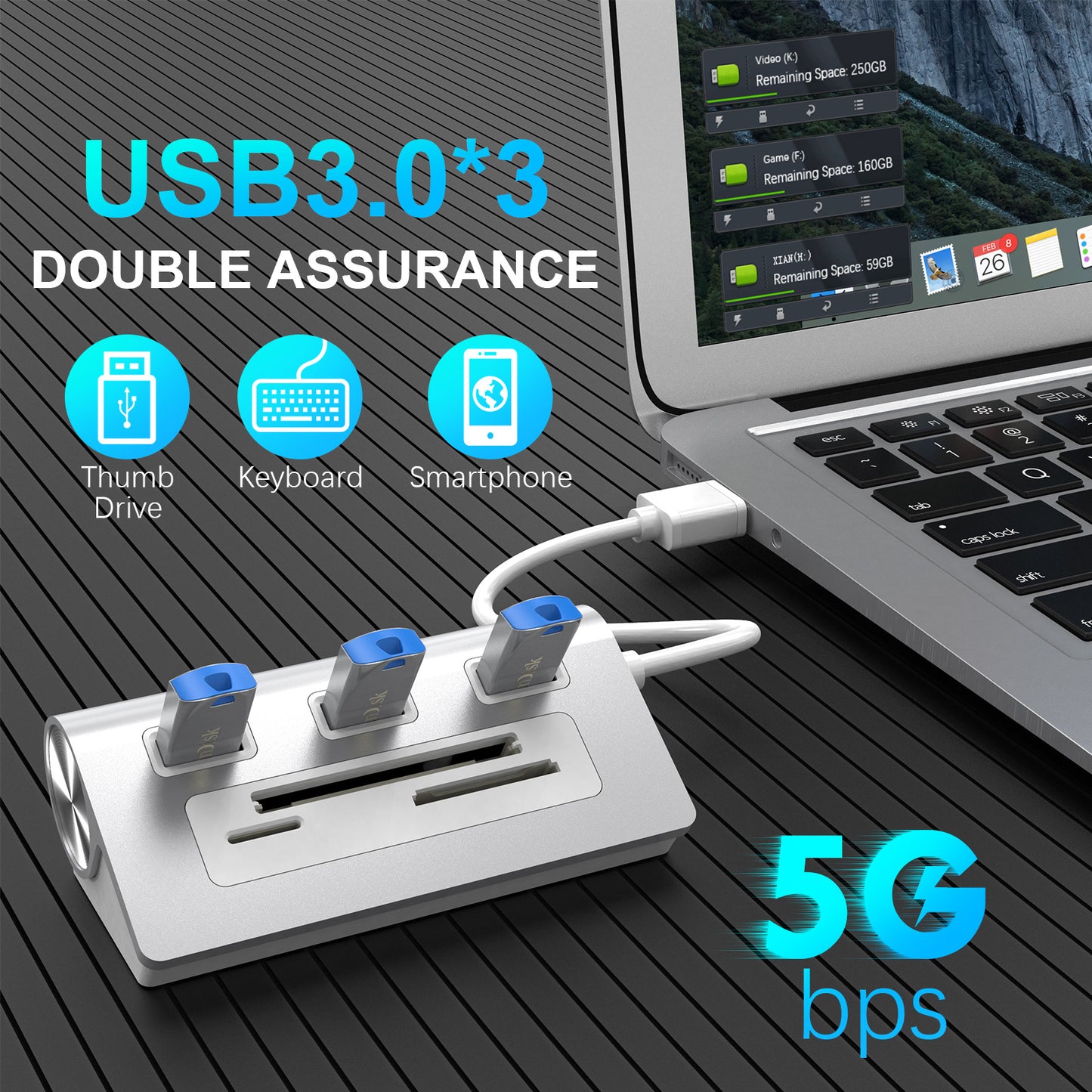 HC423 USB 3.0 hub with camera memory card slot (CF/SD/TF card reader)