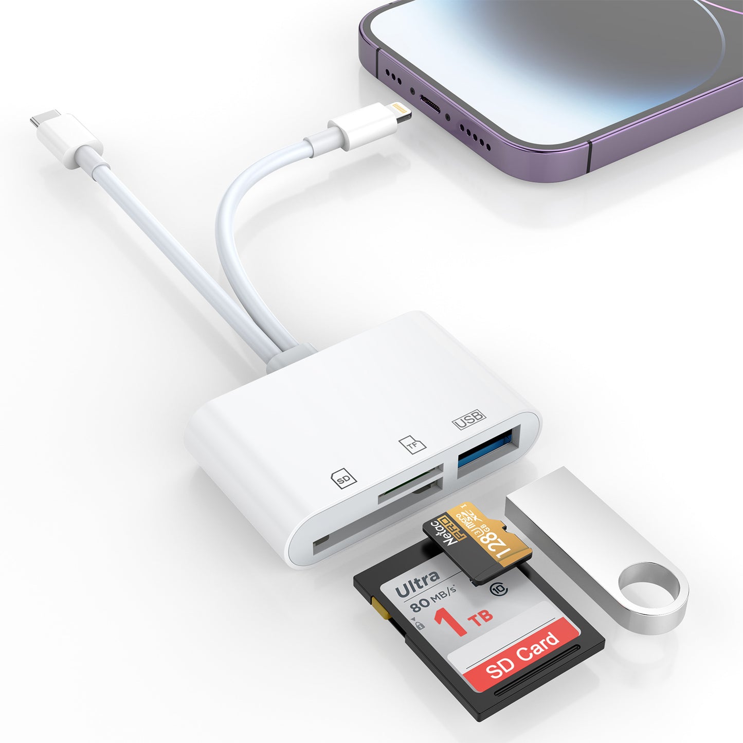AP439 Applicable to Apple and Android mobile phones, this OTG two-in-one interface can be used to convert into an SD/TF/USB2.0 card reader expansion dock/HUB