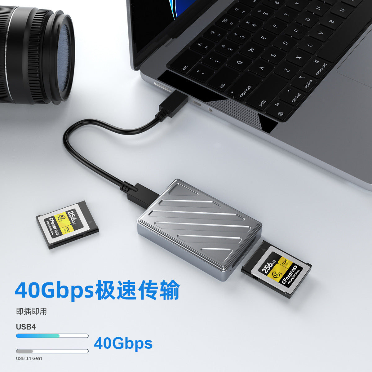 CR361 USB 4.0 supports a Thunderbolt 40Gbps high-speed CFexpress type-B card reader for post-production of photography