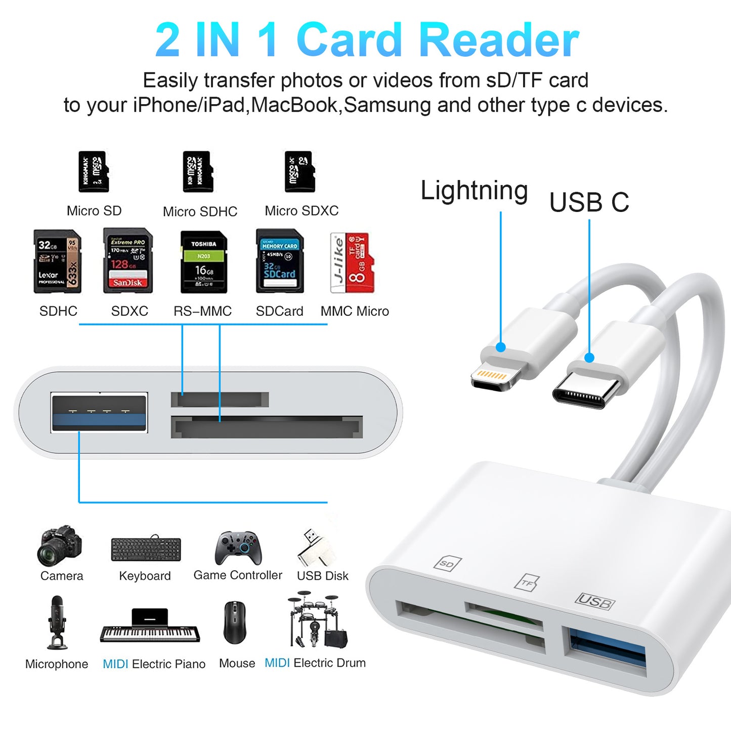 AP439 Applicable to Apple and Android mobile phones, this OTG two-in-one interface can be used to convert into an SD/TF/USB2.0 card reader expansion dock/HUB