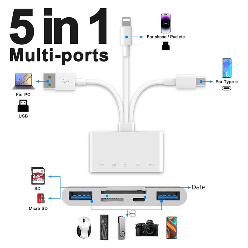 AP541 USB mobile phone card reader is suitable for Apple and Android USB five-in-one multi-functional mobile phone card reader conversion connector