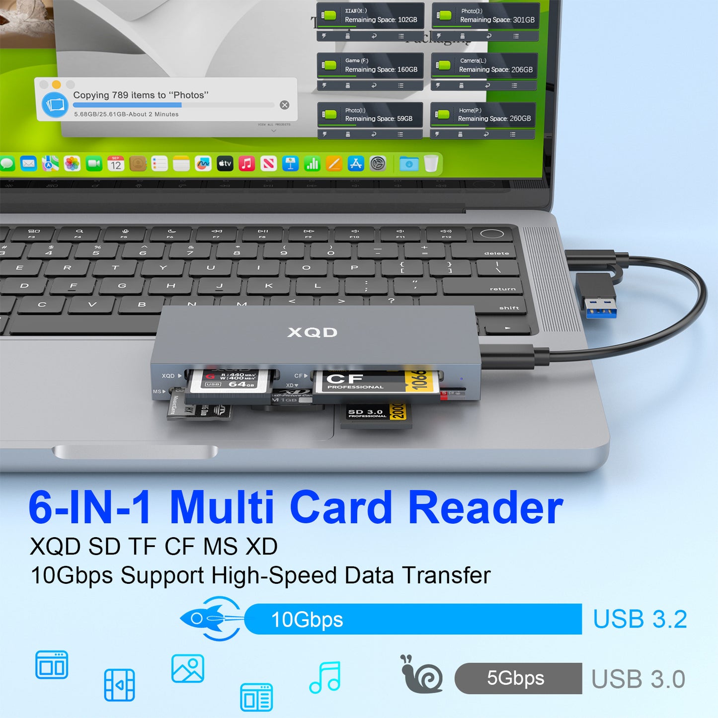 CR359 XQD/SD/TF/MS/XD/CF card reader multi-functional high-speed camera type-C memory card reader
